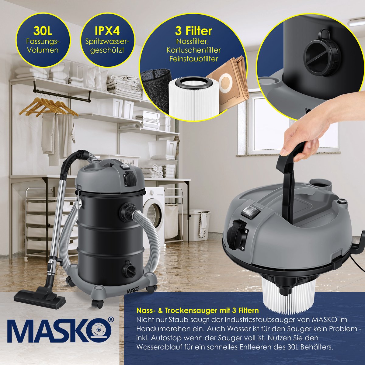 MASKO® Alleszuiger 6IN1 Nat- en Droogzuiger 2300W 30L Grijs