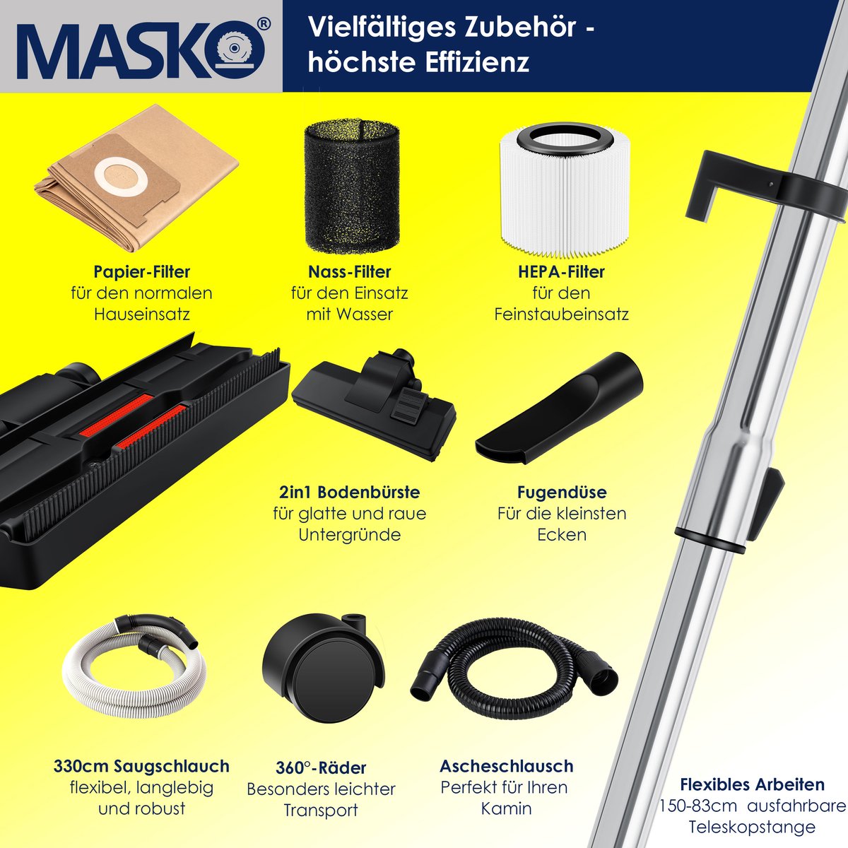 MASKO® Alleszuiger 6IN1 Nat- en Droogzuiger 2300W 30L Grijs