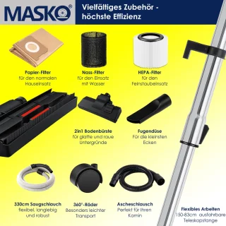 MASKO® Alleszuiger 6IN1 Nat- en Droogzuiger 2300W 30L Grijs