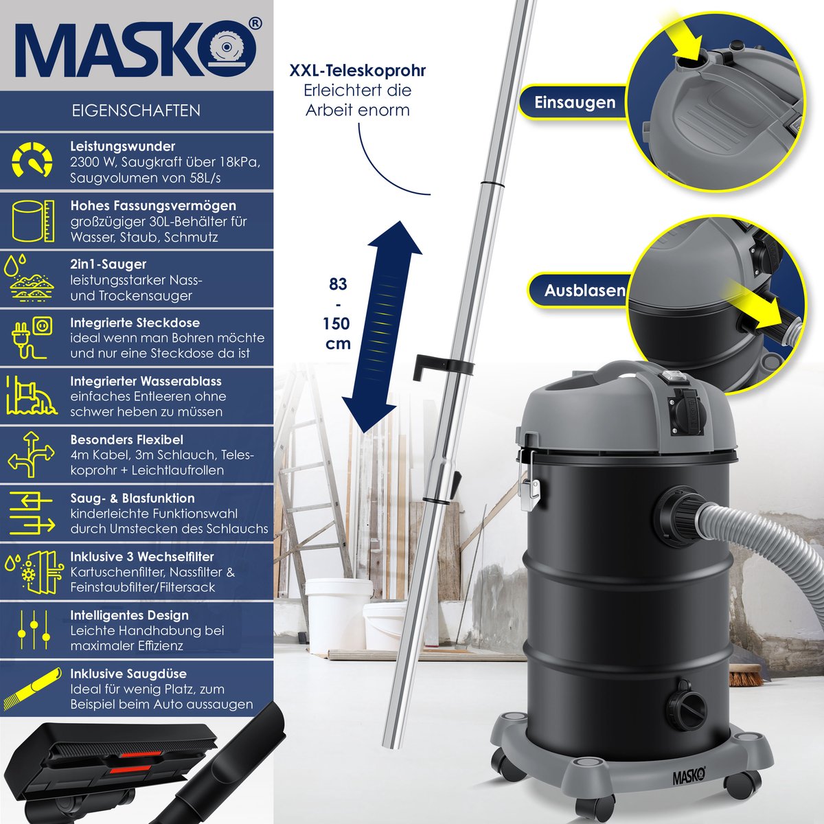 MASKO® Alleszuiger 6IN1 Nat- en Droogzuiger 2300W 30L Grijs