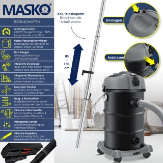 MASKO® Alleszuiger 6IN1 Nat- en Droogzuiger 2300W 30L Grijs