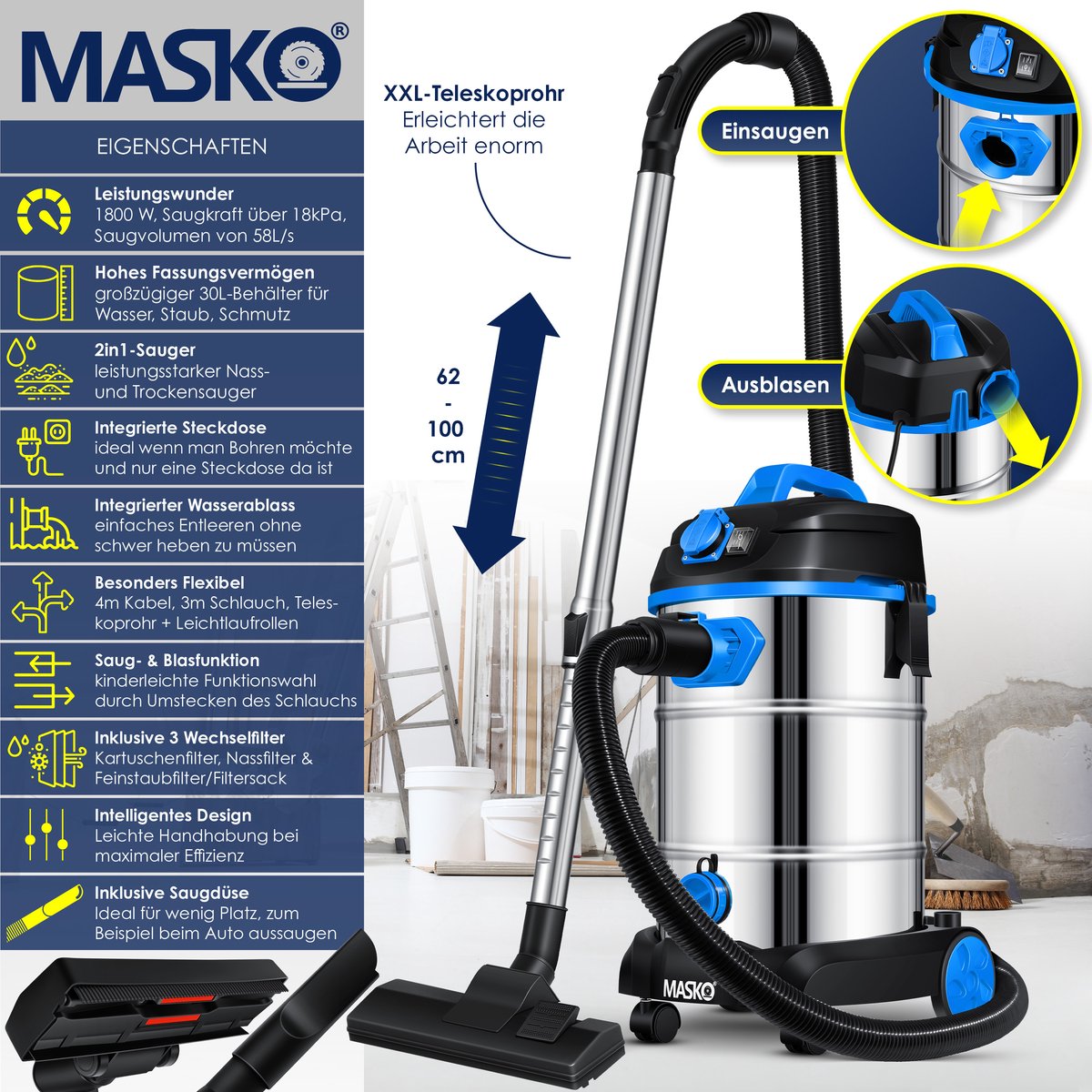 MASKO Alleszuiger Nat- en Droogzuiger 1800W 30L Blauw