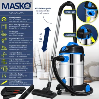 MASKO Alleszuiger Nat- en Droogzuiger 1800W 30L Blauw
