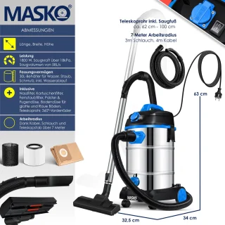 MASKO Alleszuiger Nat- en Droogzuiger 1800W 30L Blauw