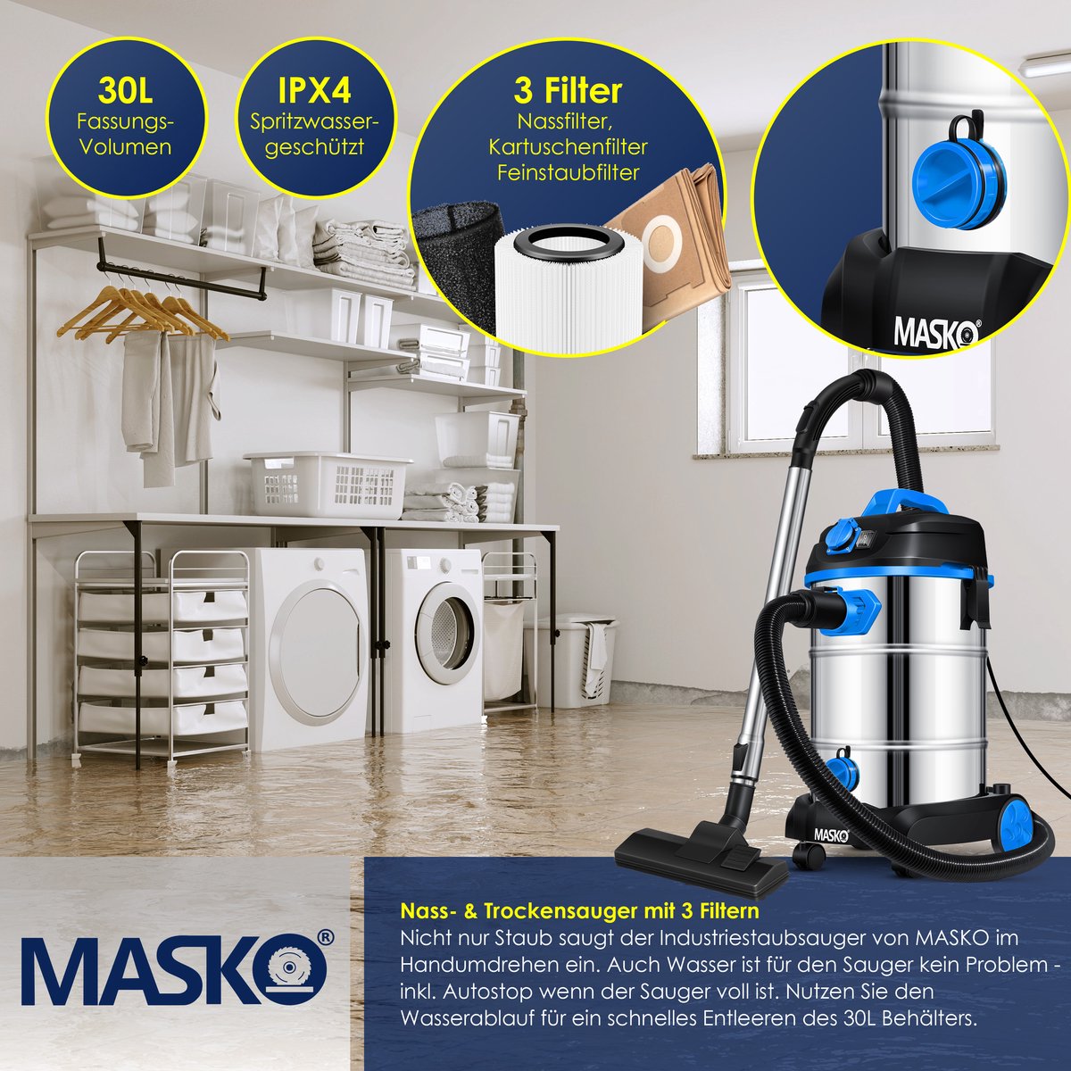 MASKO Alleszuiger Nat- en Droogzuiger 1800W 30L Blauw