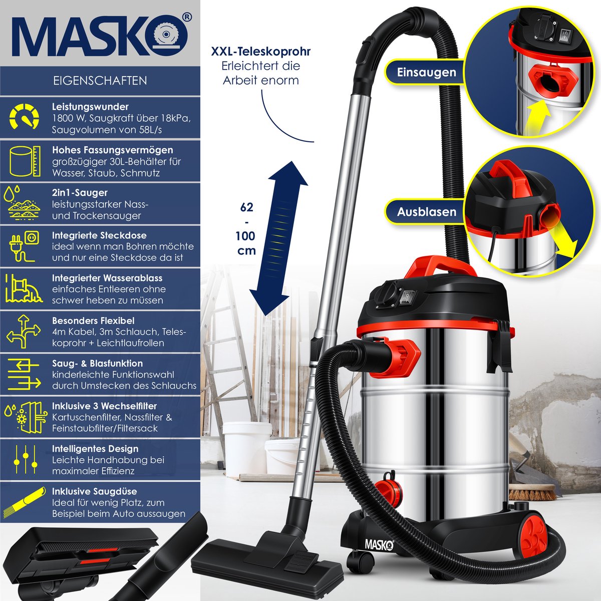 MASKO Alleszuiger Nat- en Droogzuiger 1800W 30L Rood