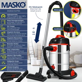 MASKO Alleszuiger Nat- en Droogzuiger 1800W 30L Rood