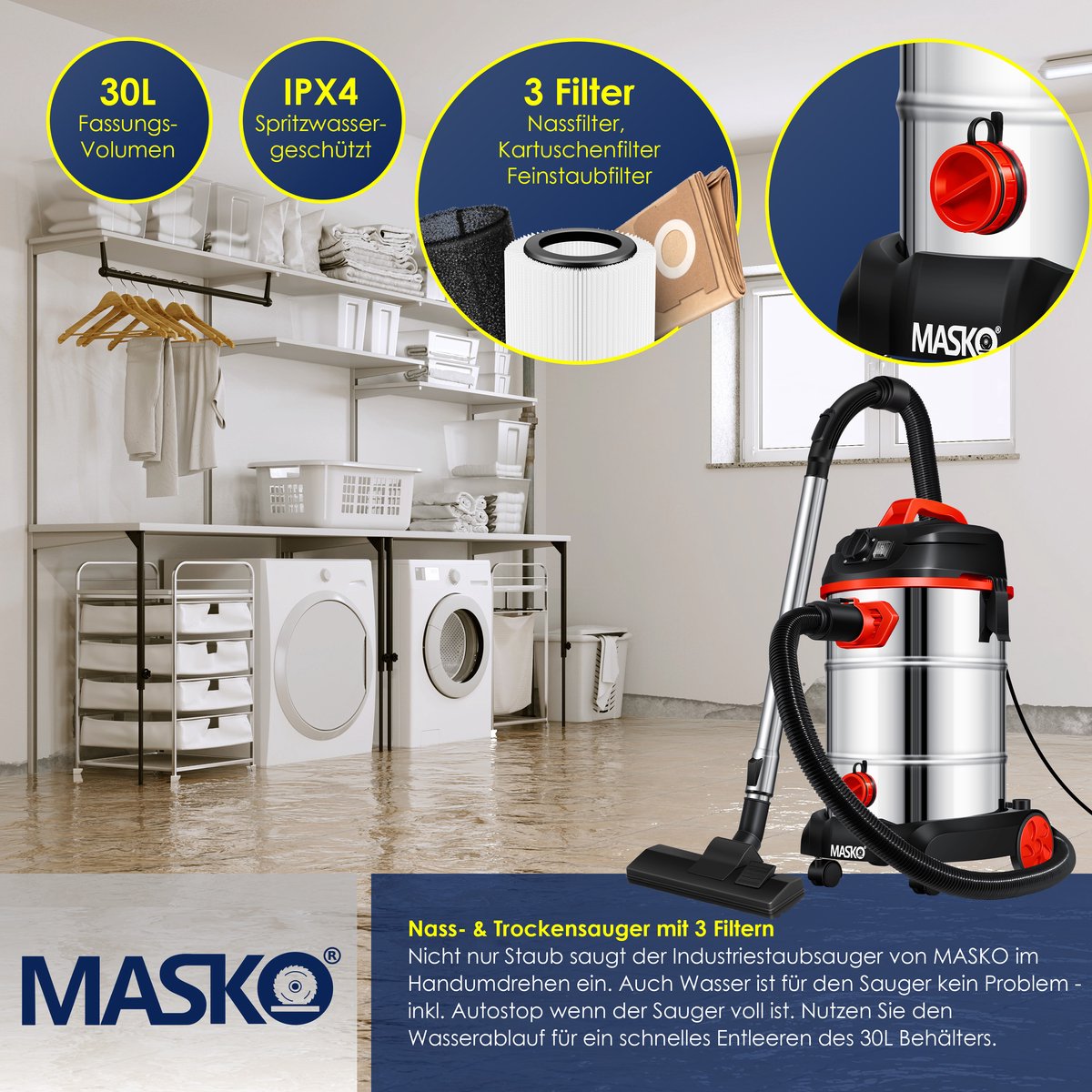 MASKO Alleszuiger Nat- en Droogzuiger 1800W 30L Rood