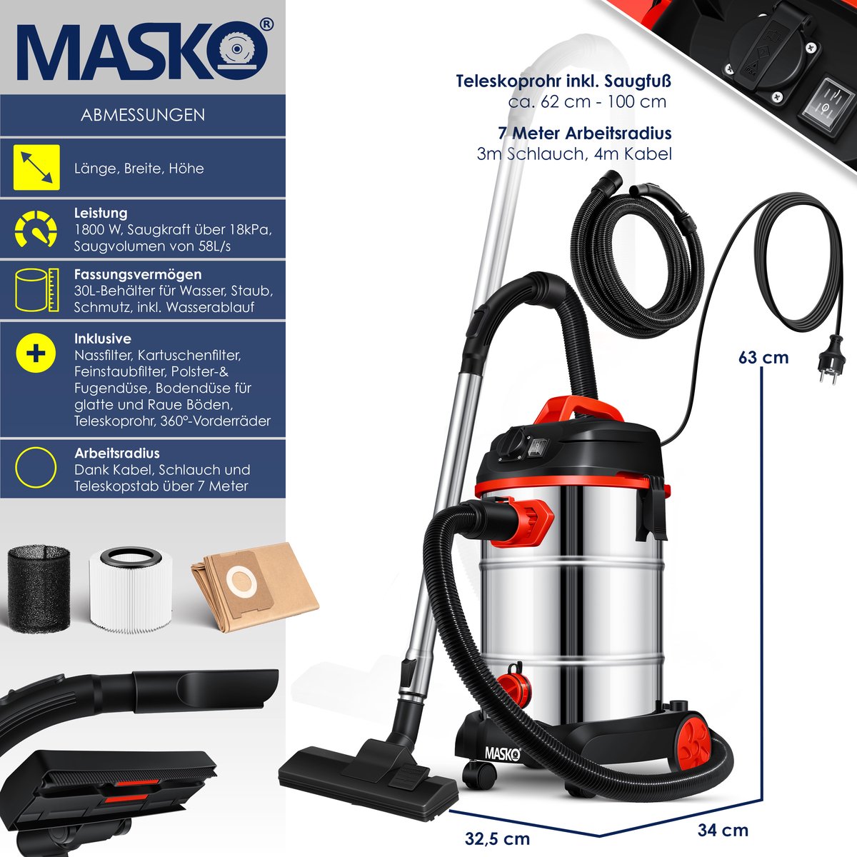 MASKO Alleszuiger Nat- en Droogzuiger 1800W 30L Rood