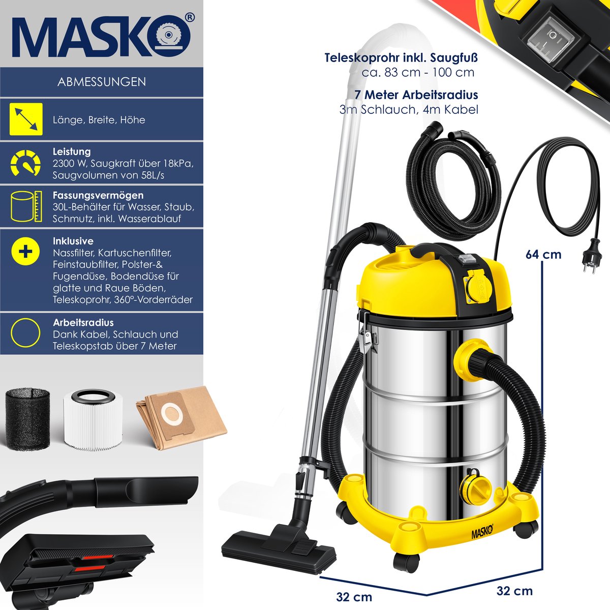 MASKO industriële nat-droog stofzuiger 2300W roestvrij staal geel
