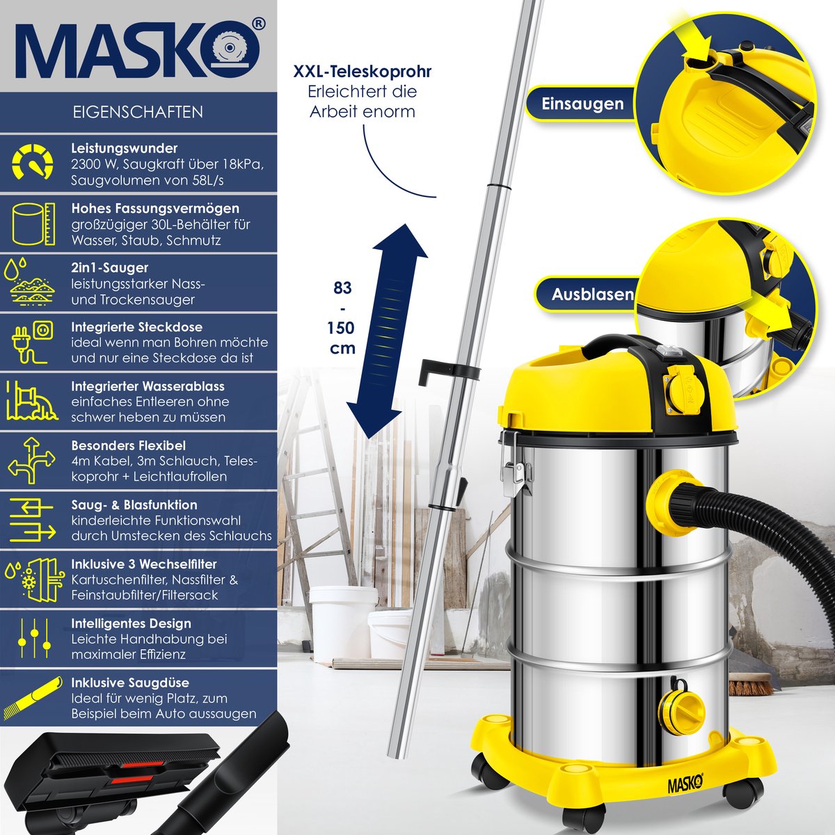 MASKO industriële nat-droog stofzuiger 2300W roestvrij staal geel