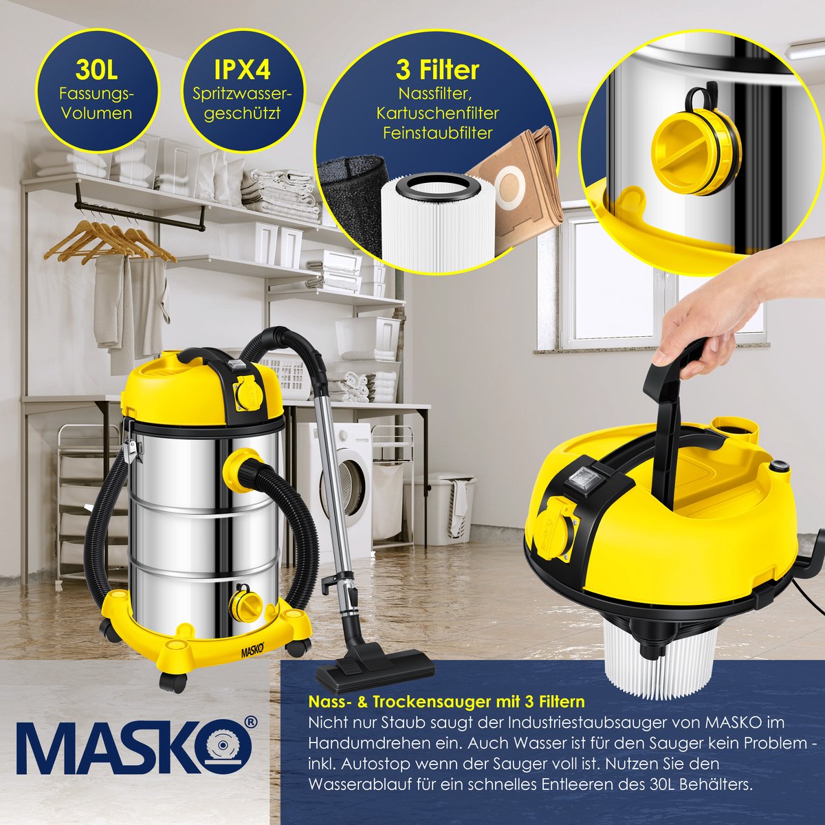 MASKO industriële nat-droog stofzuiger 2300W roestvrij staal geel