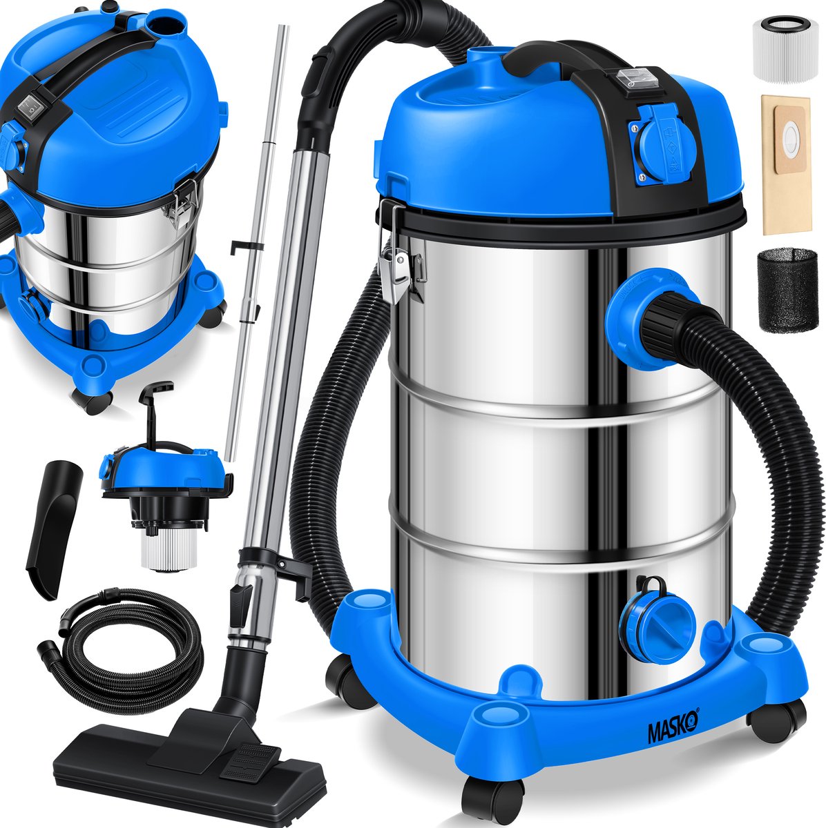 MASKO industriële stofzuiger nat-droog 2300W roestvrij staal blauw/grijs