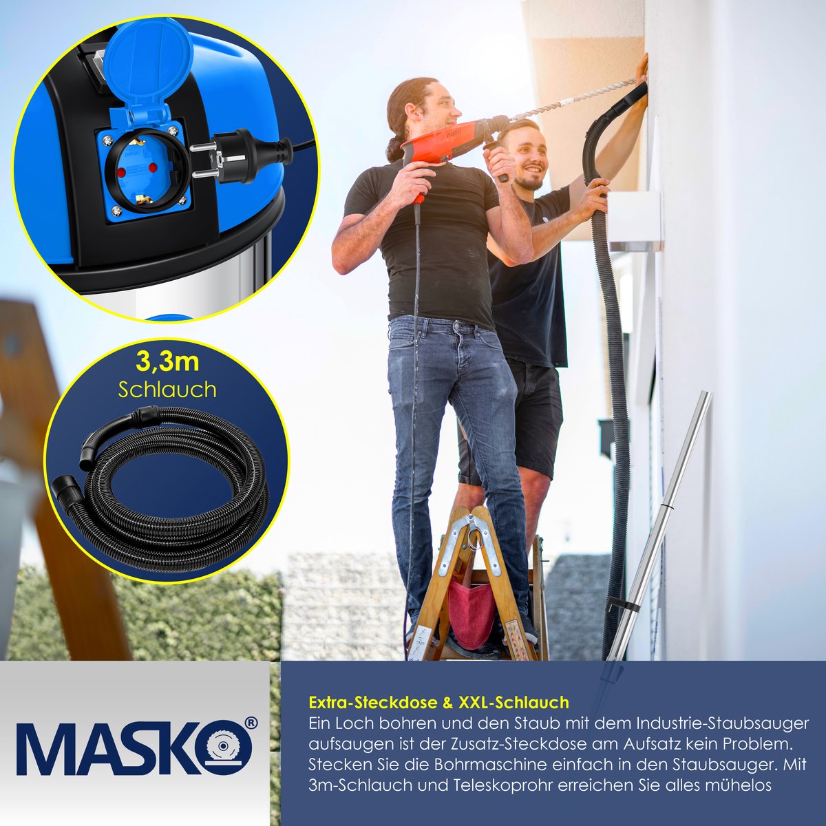 MASKO industriële stofzuiger nat-droog 2300W roestvrij staal blauw/grijs