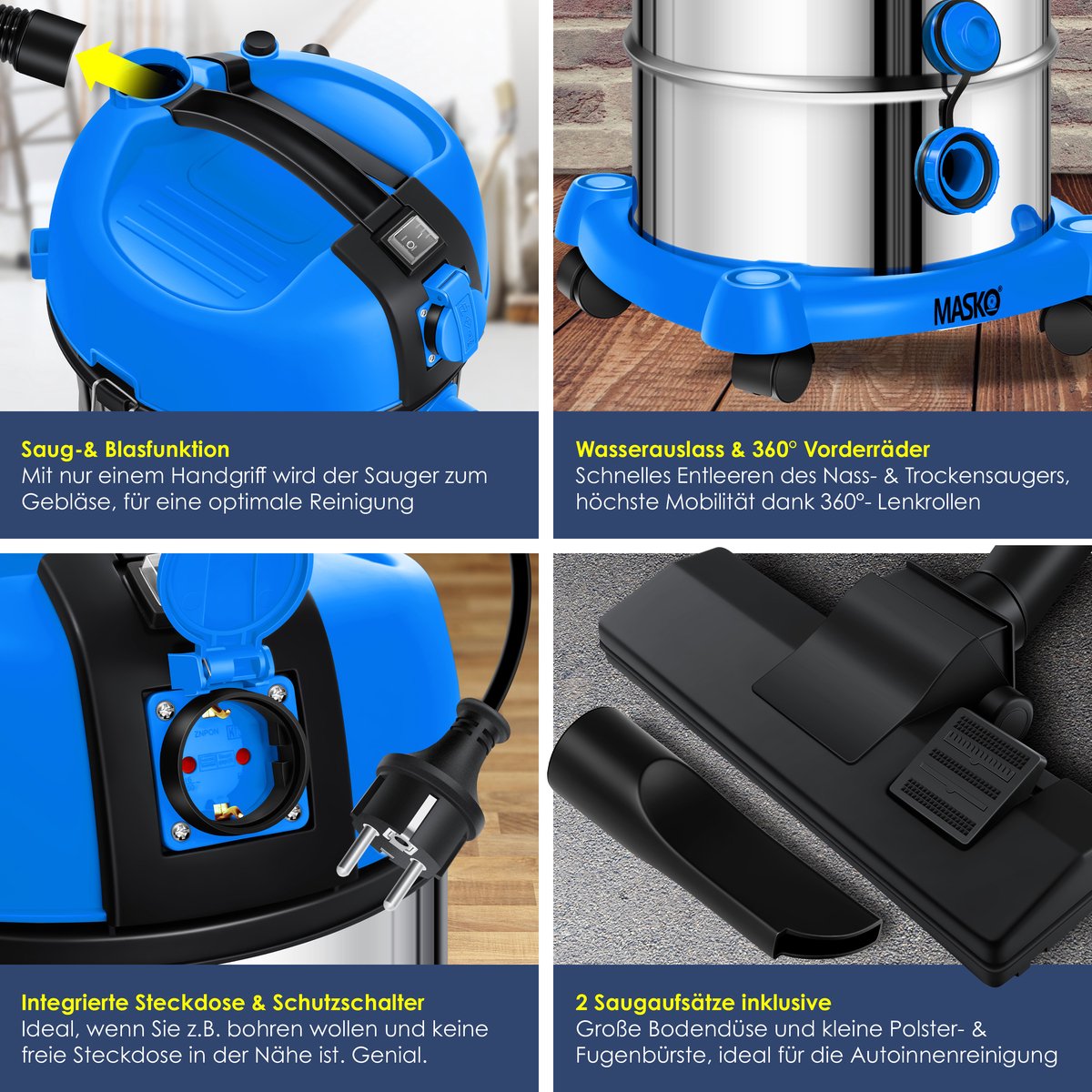 MASKO industriële stofzuiger nat-droog 2300W roestvrij staal blauw/grijs