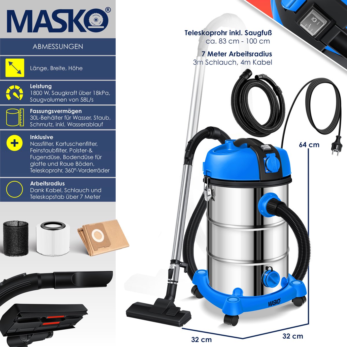 MASKO industriële stofzuiger nat-droog 2300W roestvrij staal blauw/grijs