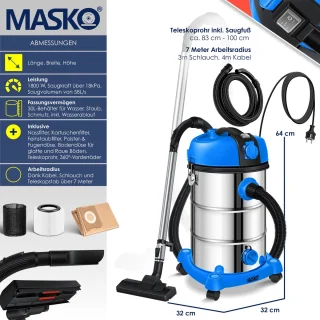 MASKO industriële stofzuiger nat-droog 2300W roestvrij staal blauw/grijs