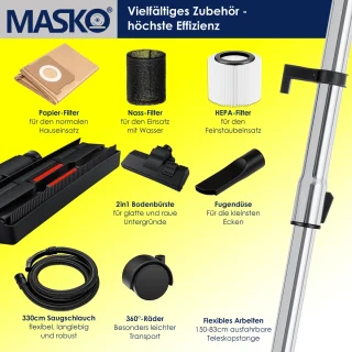 MASKO industriële stofzuiger nat-droog 2300W roestvrij staal blauw/grijs