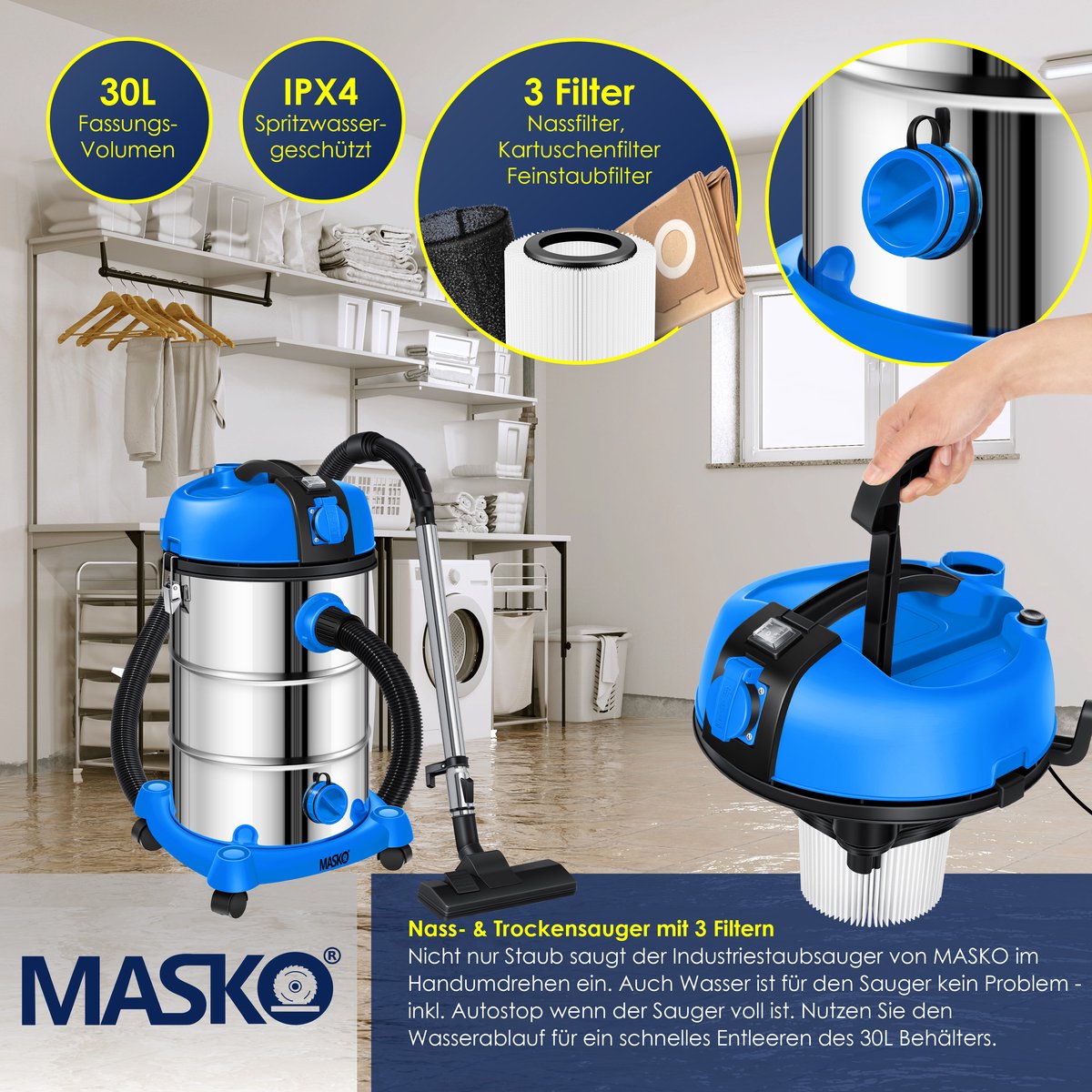 MASKO industriële stofzuiger nat-droog 2300W roestvrij staal blauw/grijs