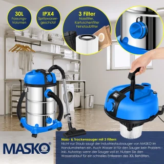 MASKO industriële stofzuiger nat-droog 2300W roestvrij staal blauw/grijs