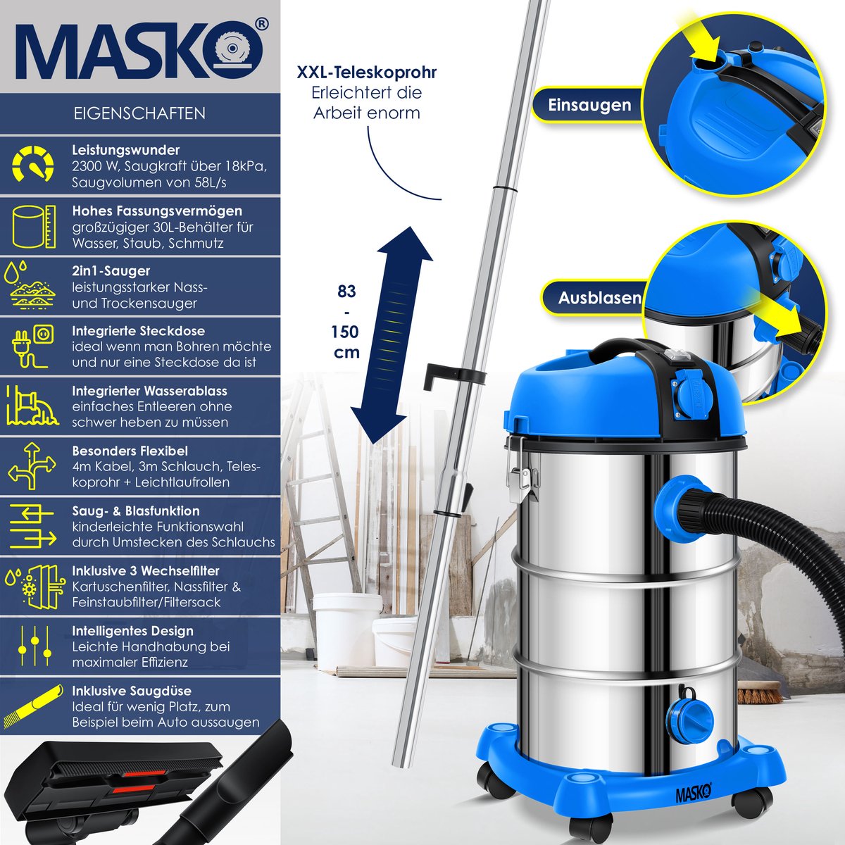 MASKO industriële stofzuiger nat-droog 2300W roestvrij staal blauw/grijs