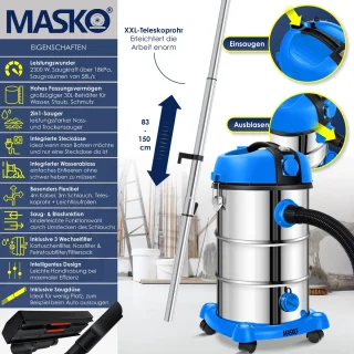 MASKO industriële stofzuiger nat-droog 2300W roestvrij staal blauw/grijs