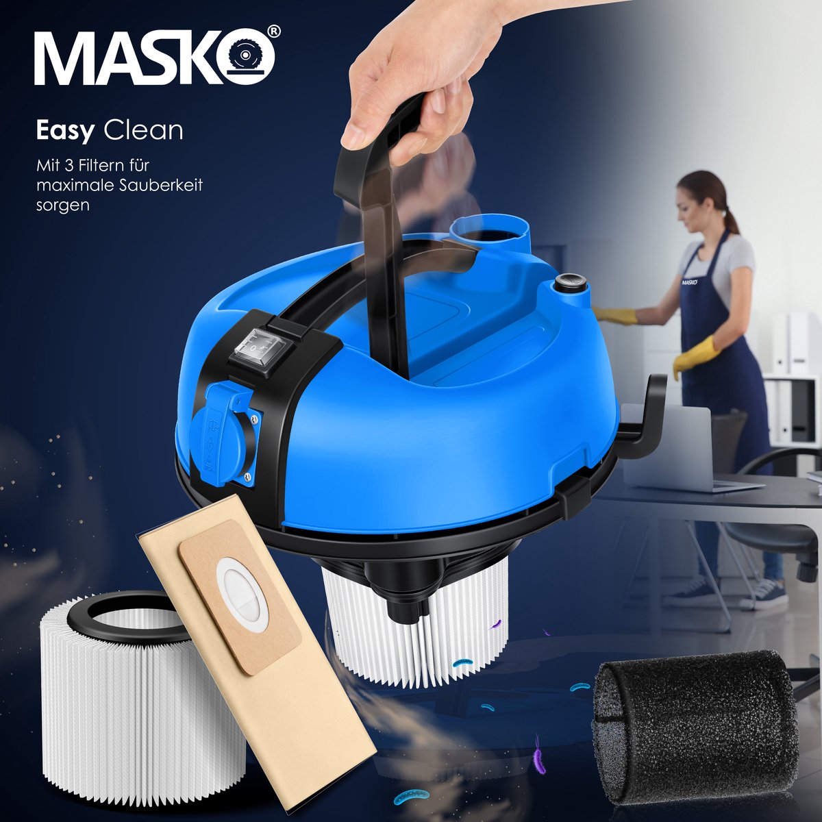 MASKO industriële stofzuiger nat-droog 2300W roestvrij staal blauw/grijs