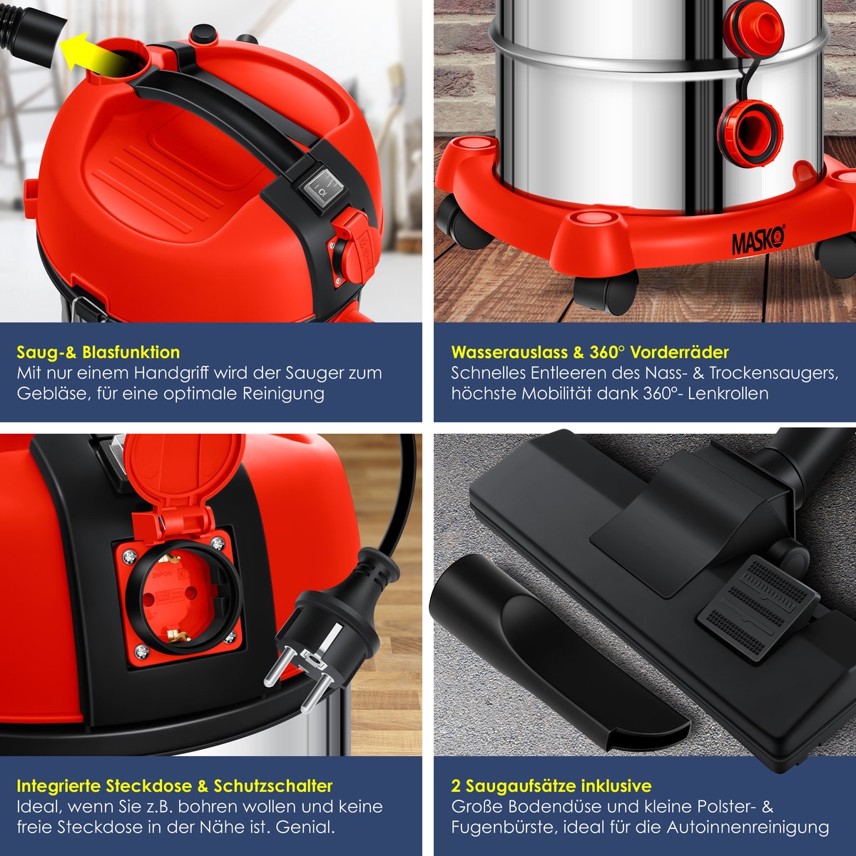 MASKO® industriële stofzuiger nat-droog 2300W roestvrij staal rood