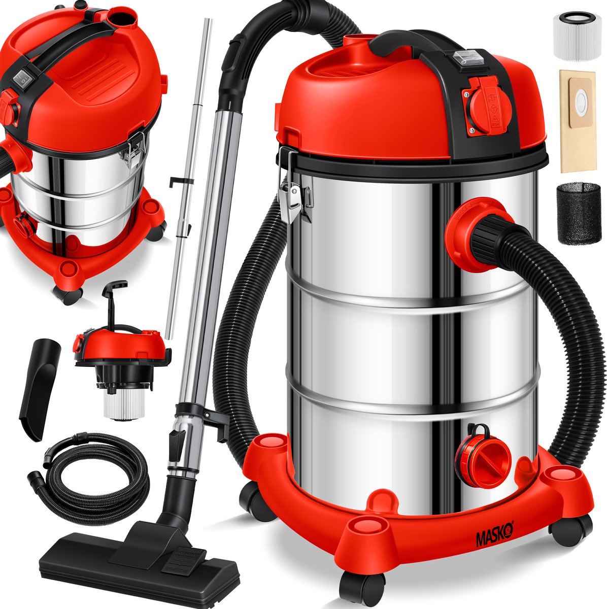 MASKO® industriële stofzuiger nat-droog 2300W roestvrij staal rood
