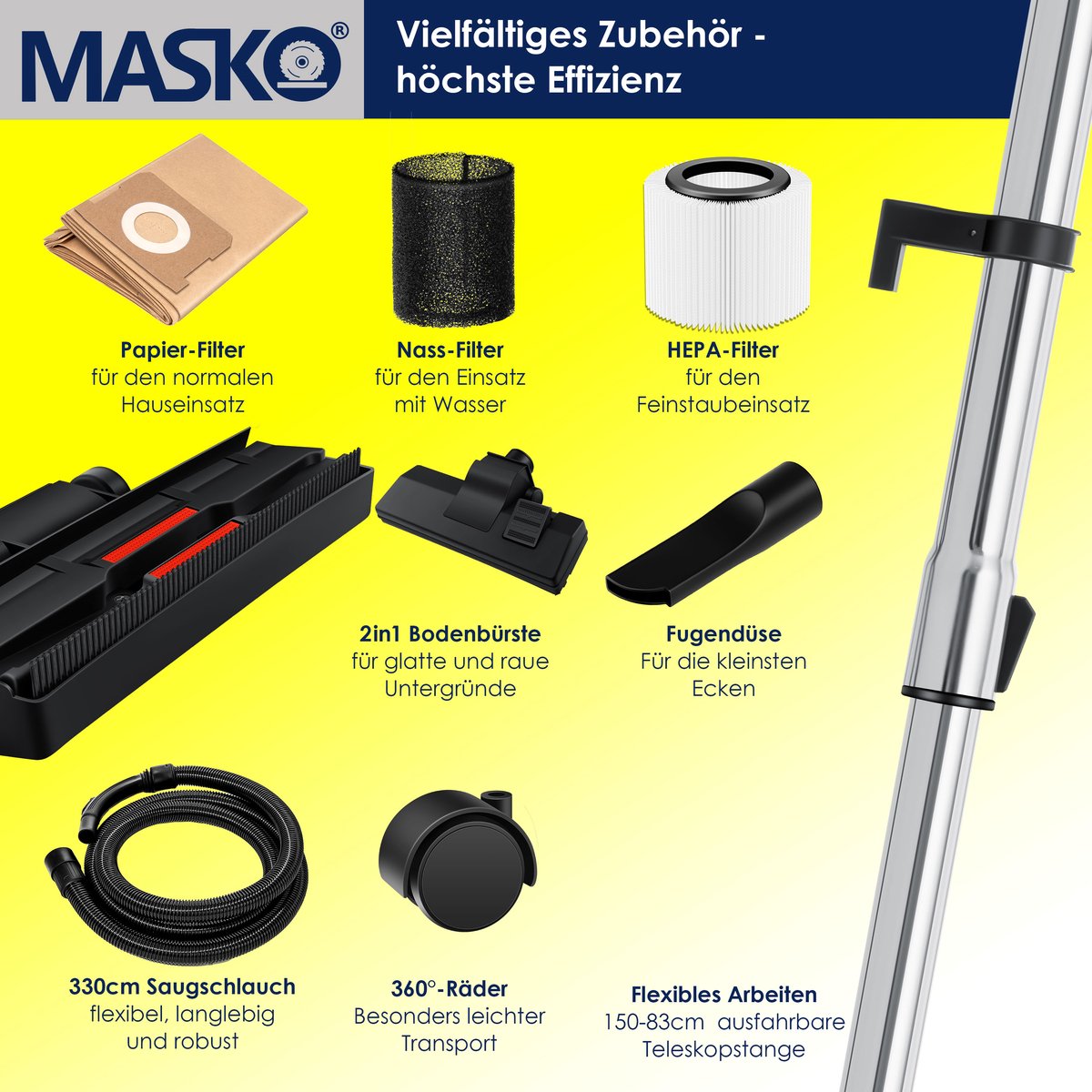 MASKO® industriële stofzuiger nat-droog 2300W roestvrij staal rood