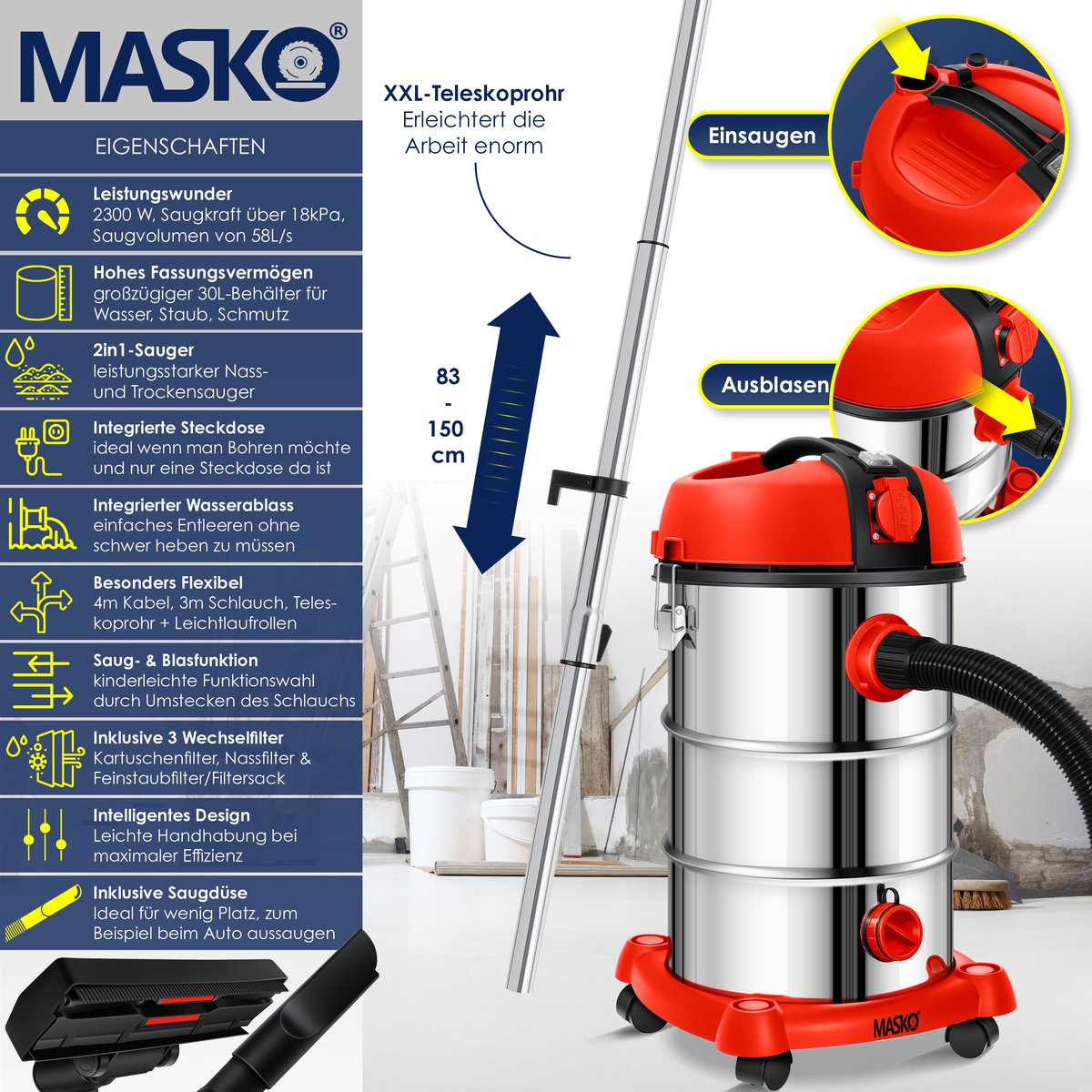 MASKO® industriële stofzuiger nat-droog 2300W roestvrij staal rood