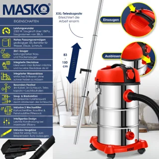 MASKO® industriële stofzuiger nat-droog 2300W roestvrij staal rood