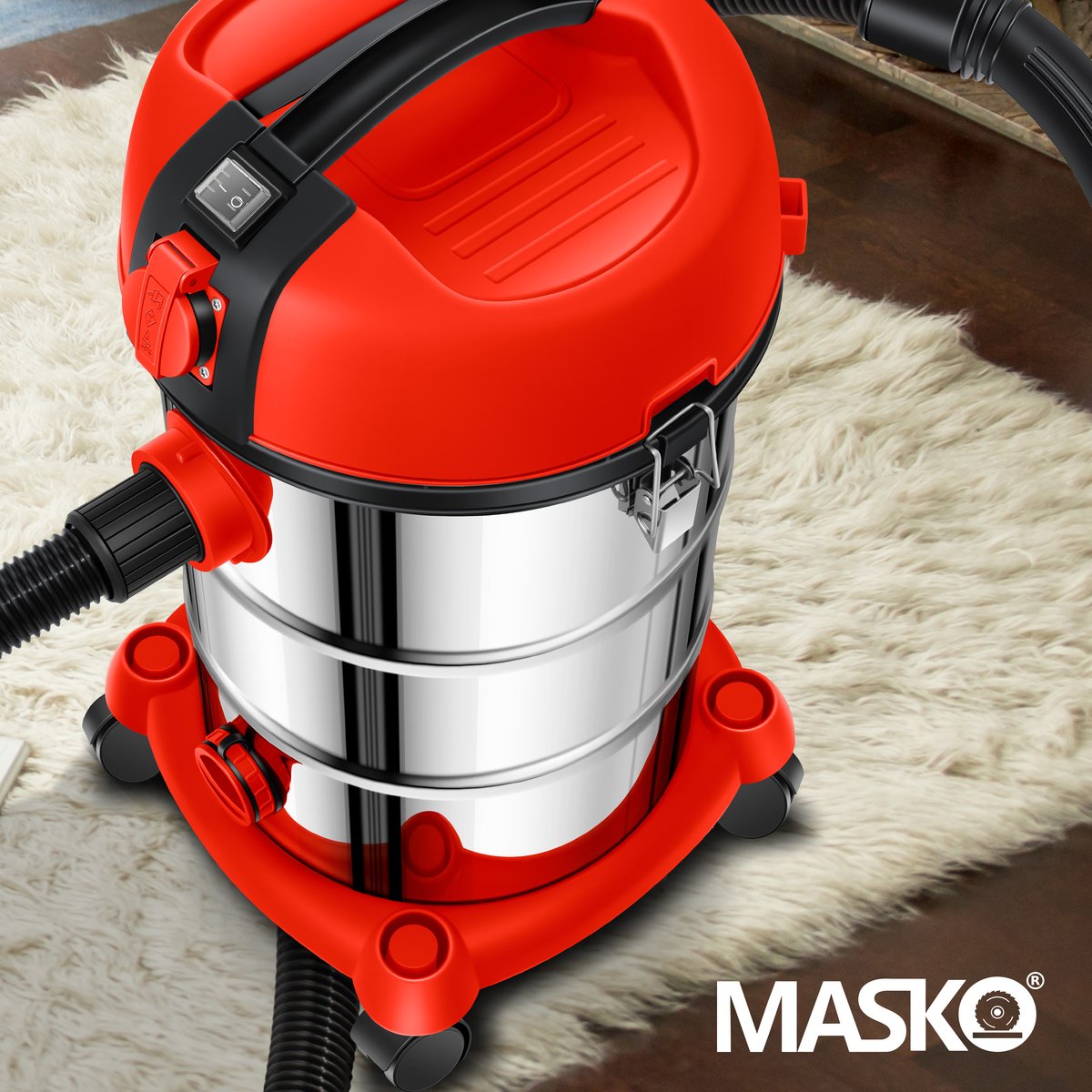 MASKO® industriële stofzuiger nat-droog 2300W roestvrij staal rood