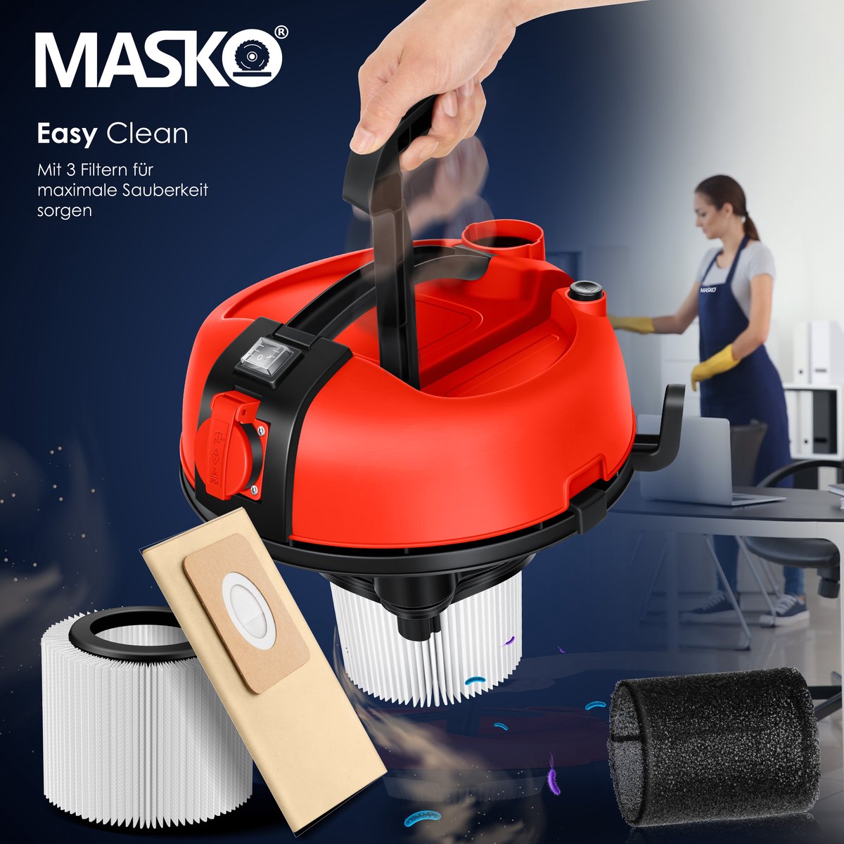 MASKO® industriële stofzuiger nat-droog 2300W roestvrij staal rood