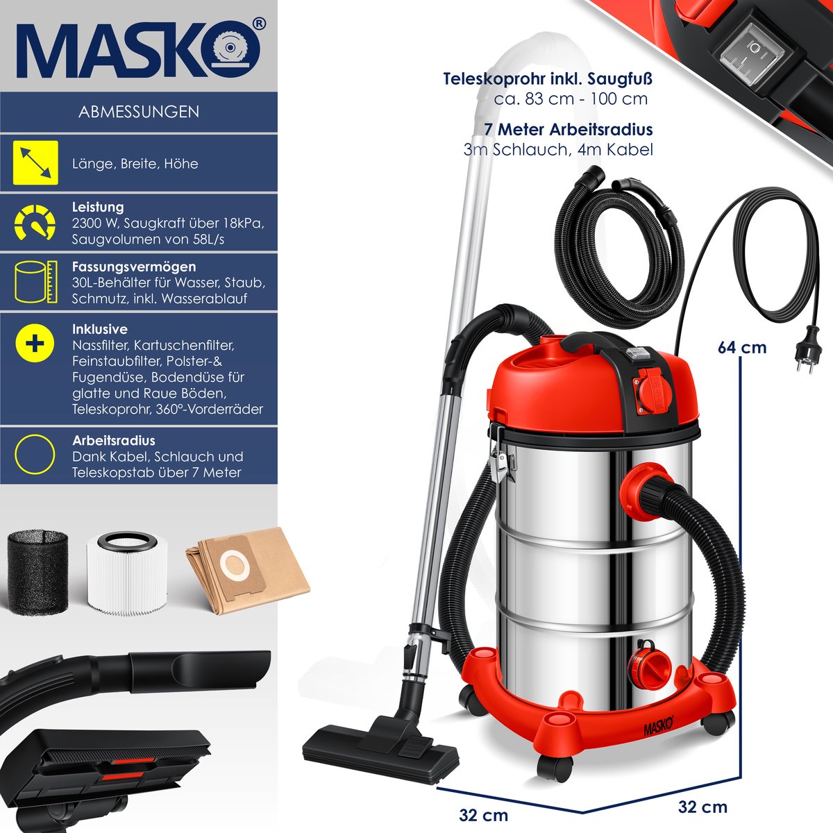 MASKO® industriële stofzuiger nat-droog 2300W roestvrij staal rood