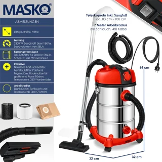 MASKO® industriële stofzuiger nat-droog 2300W roestvrij staal rood