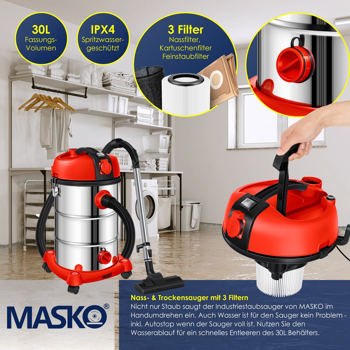 MASKO® industriële stofzuiger nat-droog 2300W roestvrij staal rood