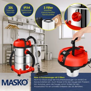 MASKO® industriële stofzuiger nat-droog 2300W roestvrij staal rood