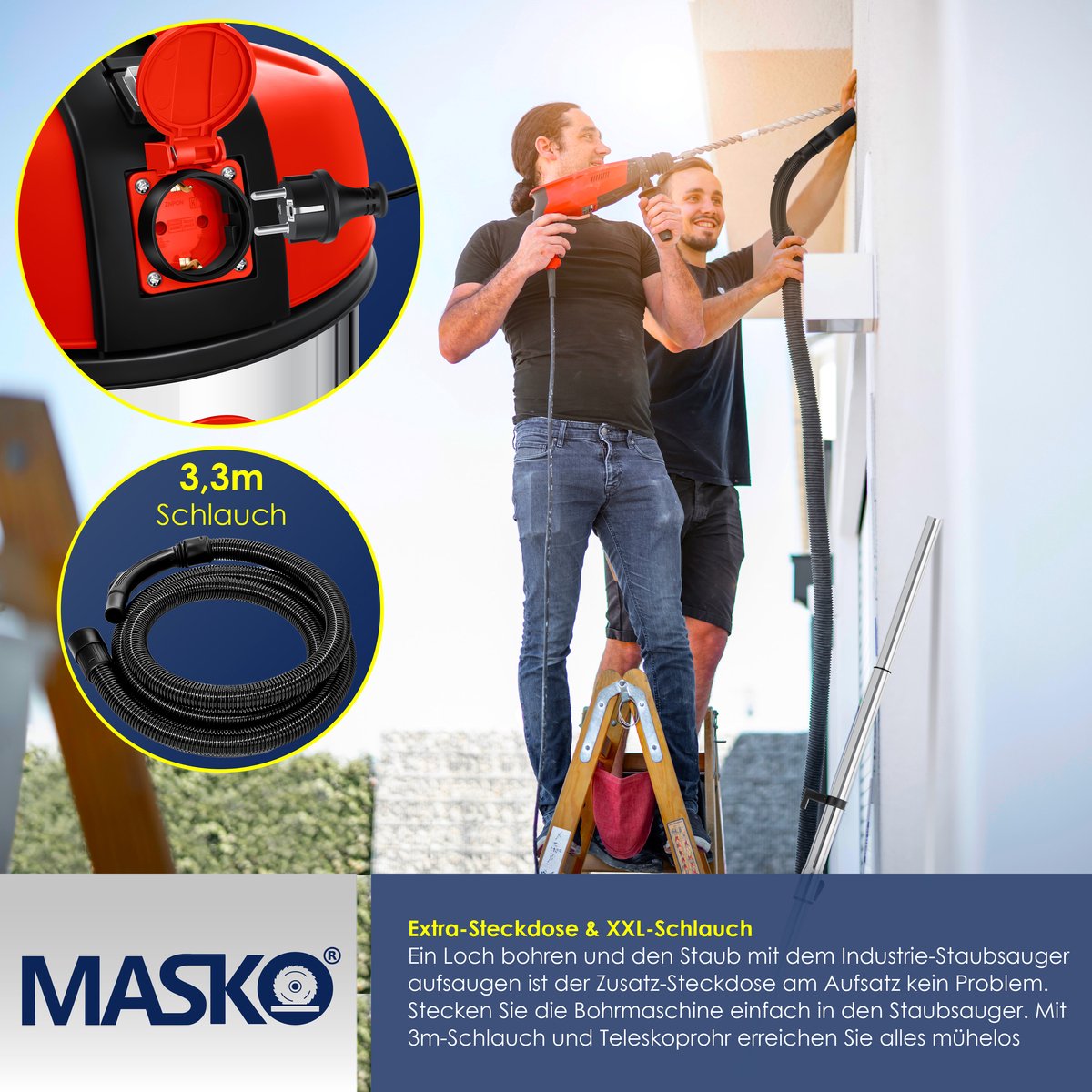 MASKO® industriële stofzuiger nat-droog 2300W roestvrij staal rood