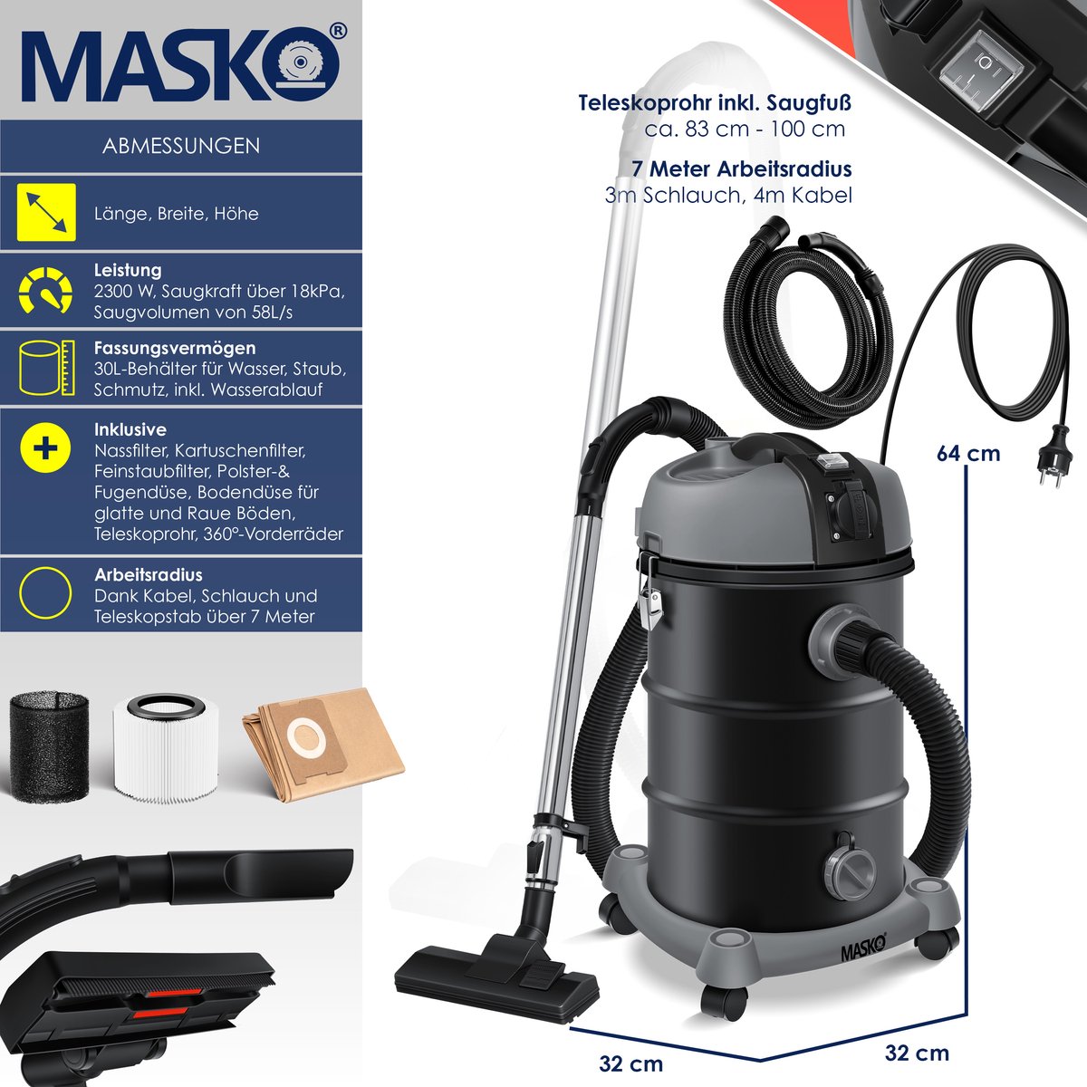 MASKO industriële stofzuiger nat-droog 2300W roestvrij staal