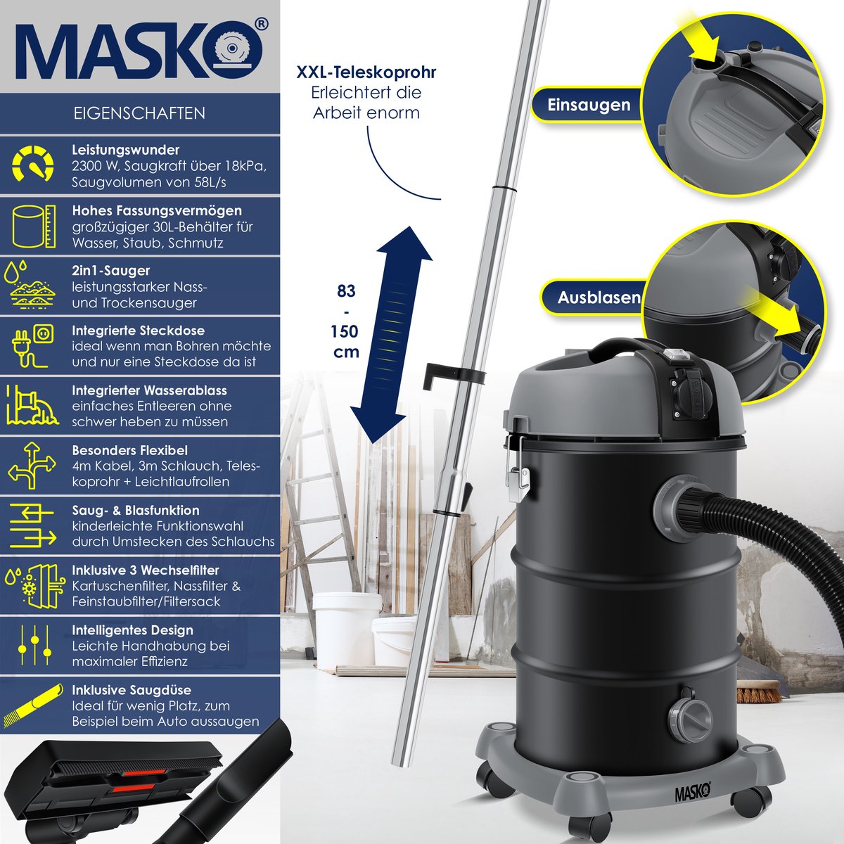 MASKO industriële stofzuiger nat-droog 2300W roestvrij staal