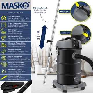 MASKO industriële stofzuiger nat-droog 2300W roestvrij staal