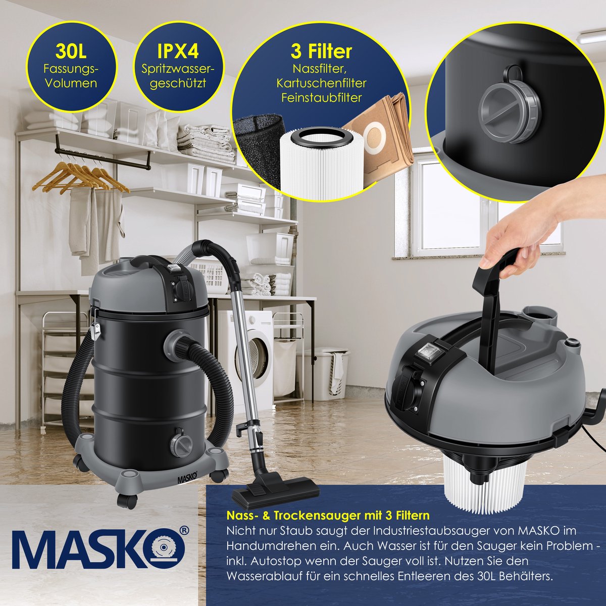 MASKO industriële stofzuiger nat-droog 2300W roestvrij staal