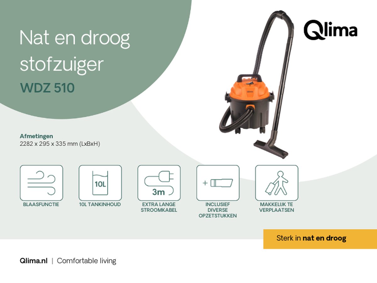 Qlima WDZ 510 Nat- en Droogzuiger 10L 1000W