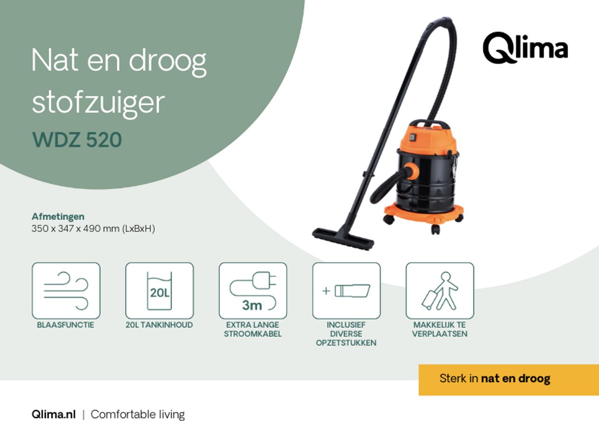 Qlima WDZ 520 Nat- en Droogzuiger 20L 1200W