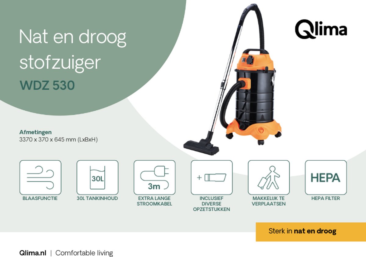 Qlima WDZ 530 Nat- en Droogzuiger 30L 1500W