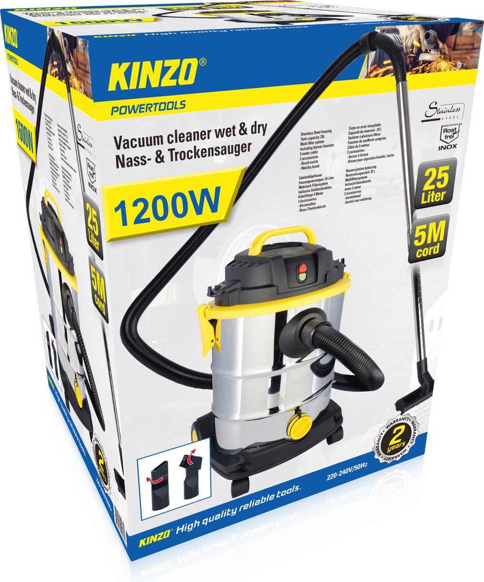 Stofzuiger nat en droog RVS 1200W 25L
