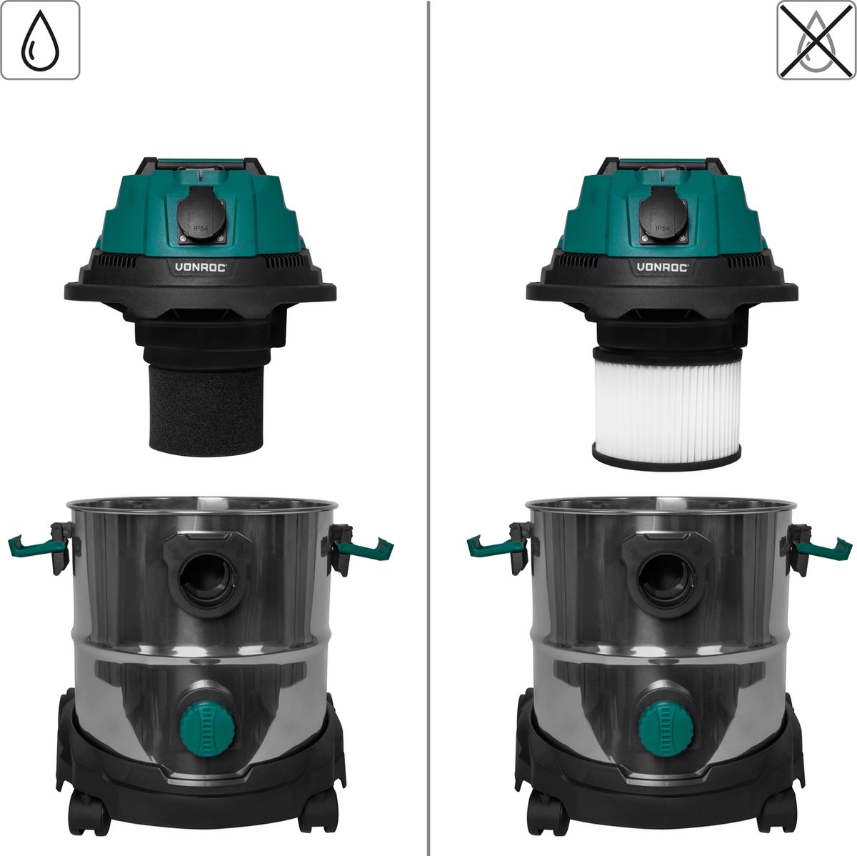 VONROC Nat- en droogzuiger 1400W 20L RVS