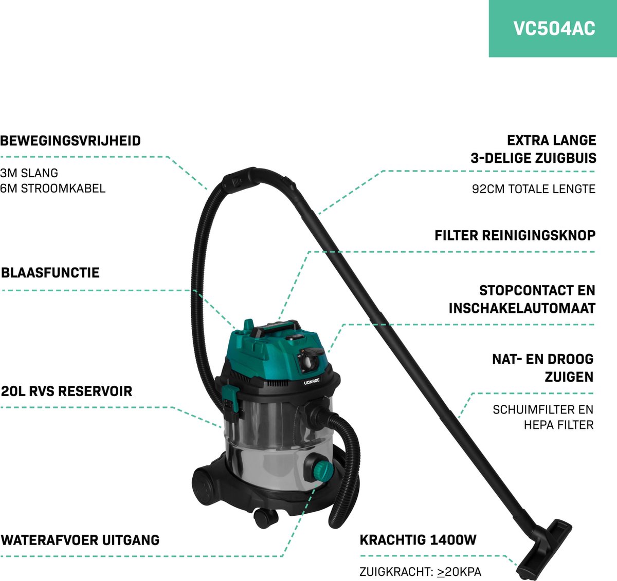 VONROC Nat- en droogzuiger 1400W 20L RVS