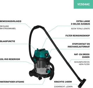 VONROC Nat- en droogzuiger 1400W 20L RVS